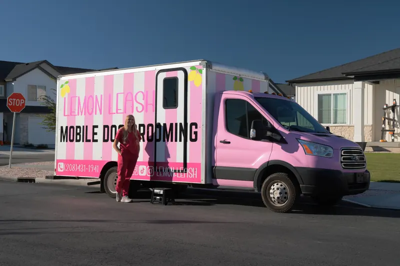 The Lemon Leash grooming truck, ready to serve Mendon