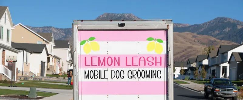 The Lemon Leash truck parked on a Cache Valley street with the mountains behind
