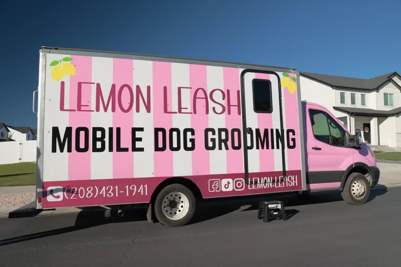 The pink-and-white striped Lemon Leash grooming truck parked on a residential street
